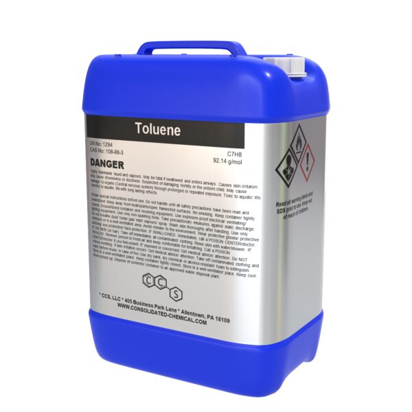 Blue toluene chemical container with label.