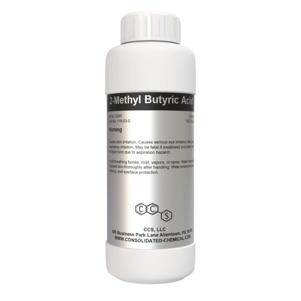 Chemical bottle labeled 2-Methyl Butyric Acid.