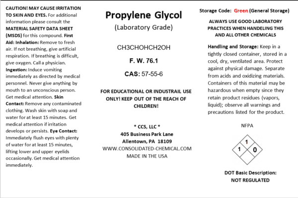 Propylene glycol safety data sheet and instructions.