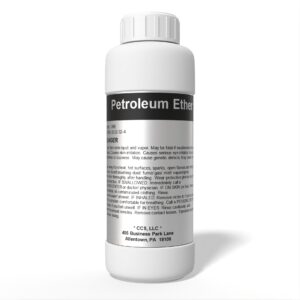 White bottle labeled "Petroleum Ether" with warning.