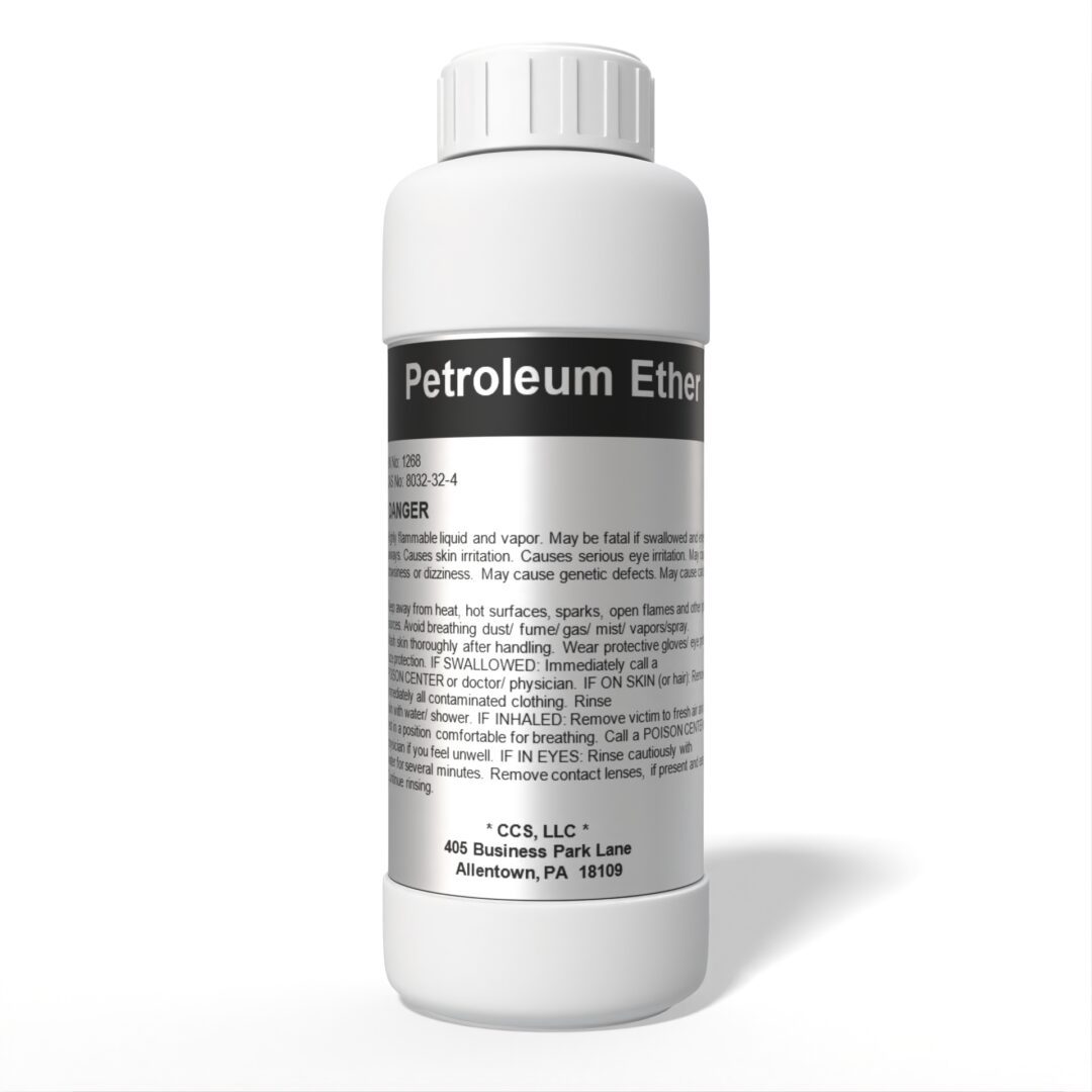 White bottle labeled "Petroleum Ether" with warning.