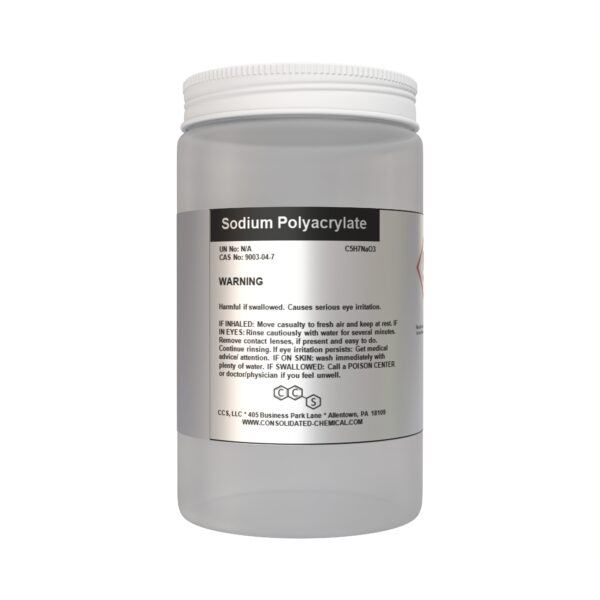 Sodium polyacrylate container with warning label.