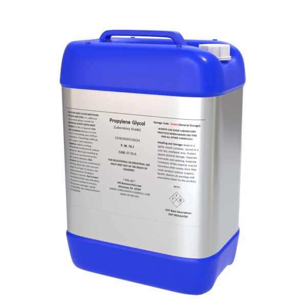 Laboratory-grade propylene glycol container with label.