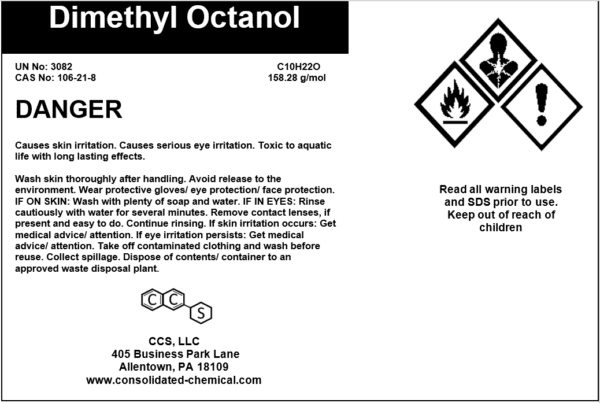 Label warning for Dimethyl Octanol hazards.