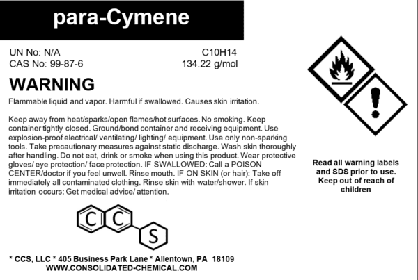 Warning label for para-Cymene chemical hazards.