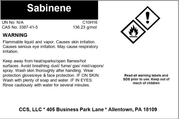 Hazard label for Sabinene, safety warnings included.