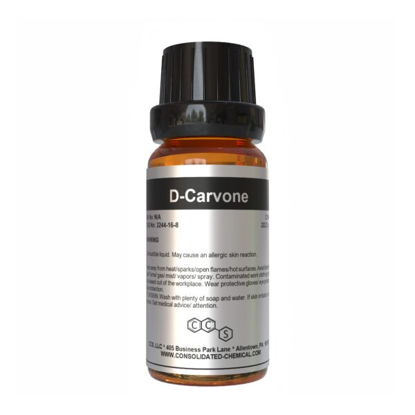 D-Carvone chemical bottle with warning label.