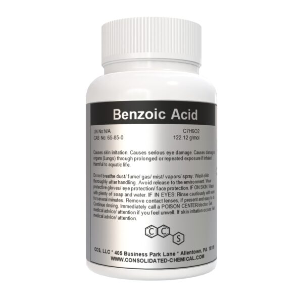 Bottle of Benzoic Acid with safety instructions.