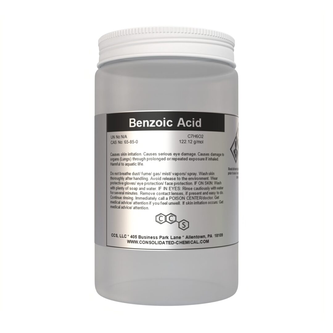 Container of Benzoic Acid with safety warnings.