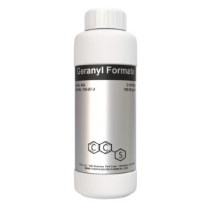 Geranyl Formate chemical bottle with label.