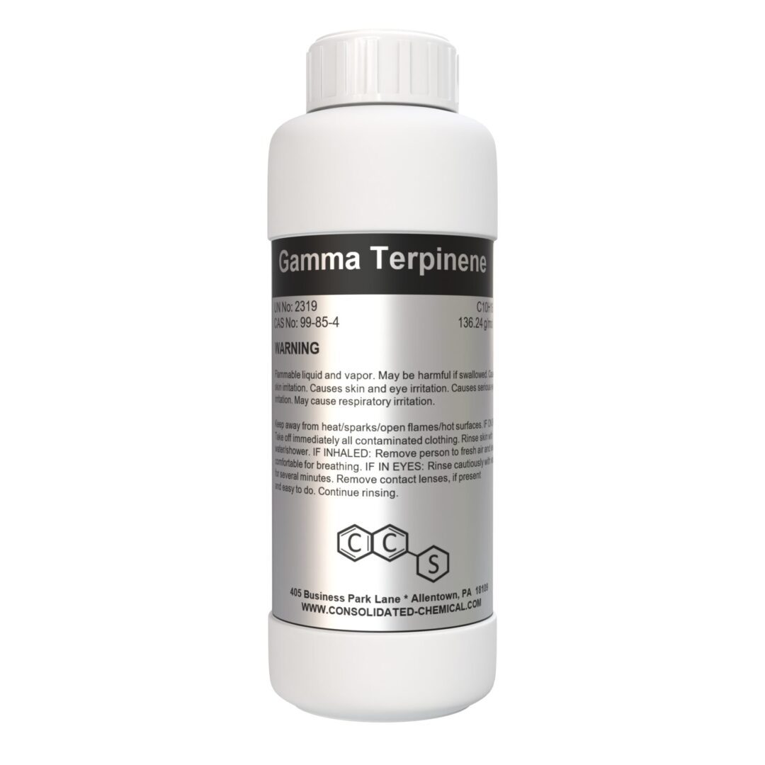 Gamma Terpinene chemical bottle with warning label.