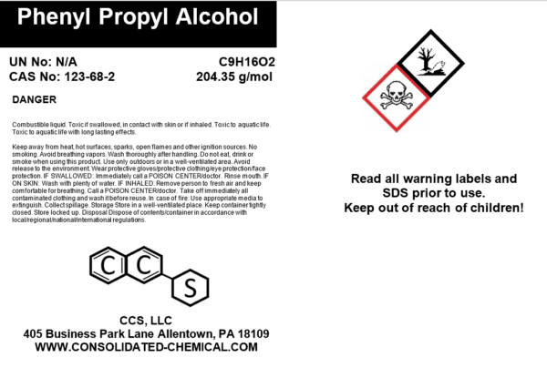 Label for phenyl propyl alcohol hazards.