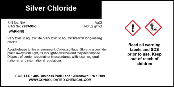 Label for Silver Chloride with safety warnings.