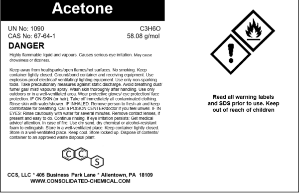 Acetone warning label with safety instructions.