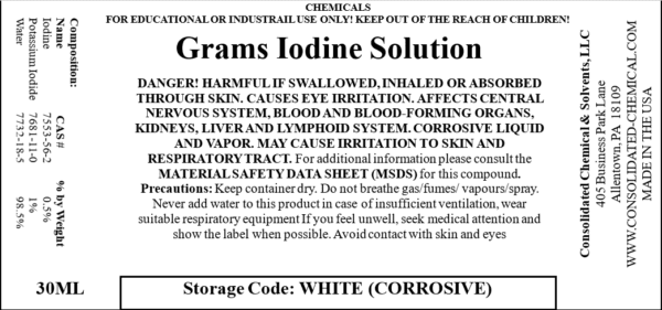 Iodine solution label with safety warnings.