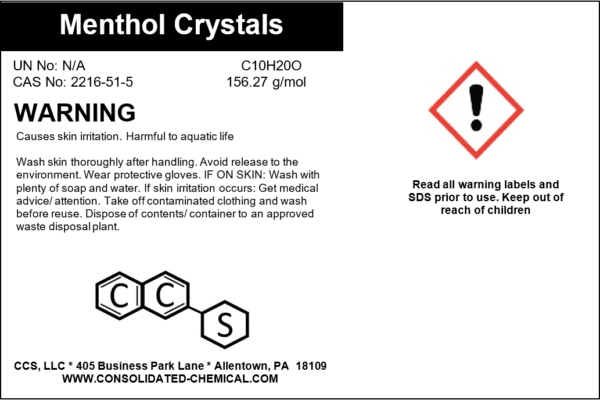 Menthol crystals warning label and safety instructions.