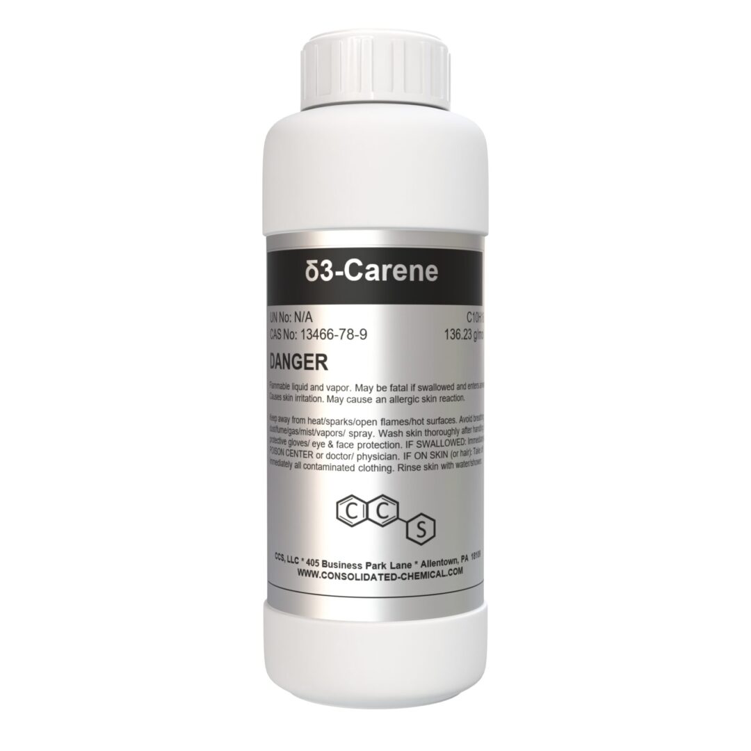 Chemical container labeled '3-Carene' hazardous material.