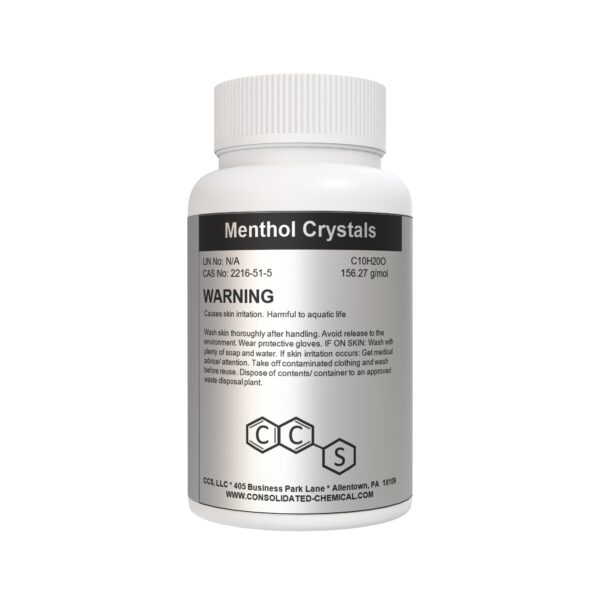 Menthol crystals container with safety warnings.