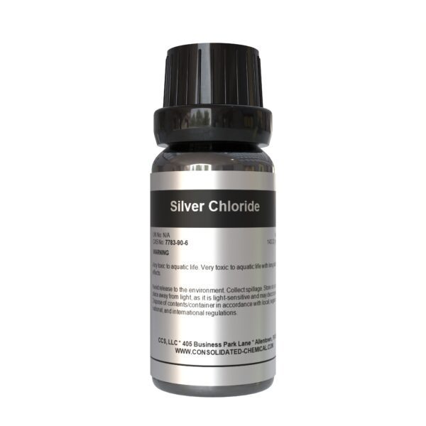 Silver Chloride chemical bottle with warning label.