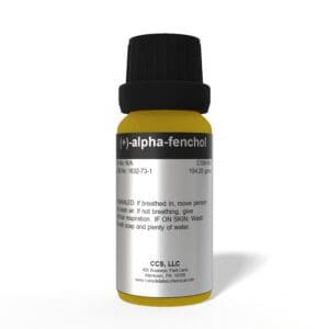 Yellow bottle labeled alpha-fenchol chemical.