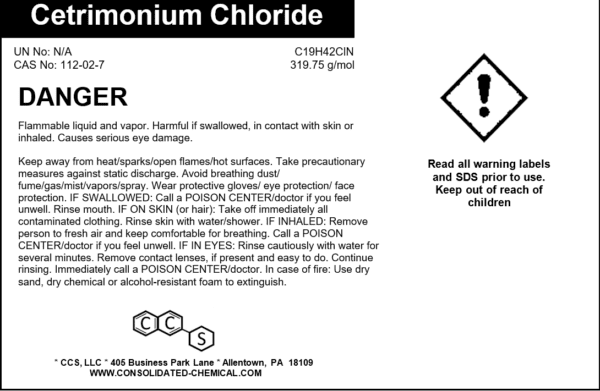 Warning label for Cetrimonium Chloride chemical.