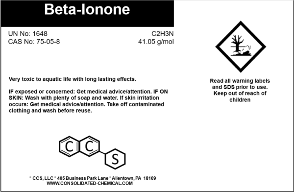 Beta-ionone chemical safety information label.