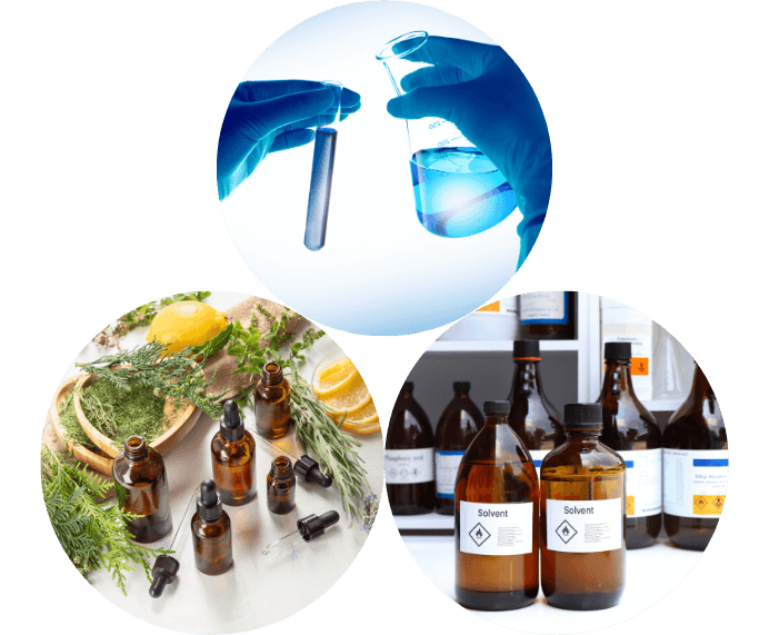 Laboratory equipment and natural extracts in bottles.