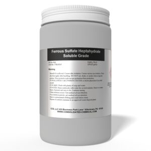 Ferrous sulfate heptahydrate container with label.