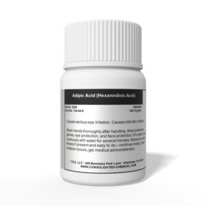 White bottle labeled Adipic Acid chemical container.
