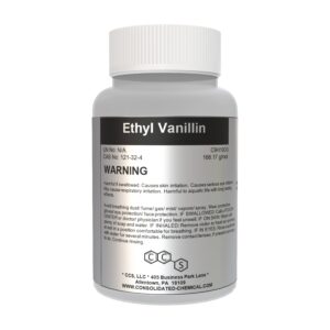 Ethyl Vanillin chemical bottle with warning label.