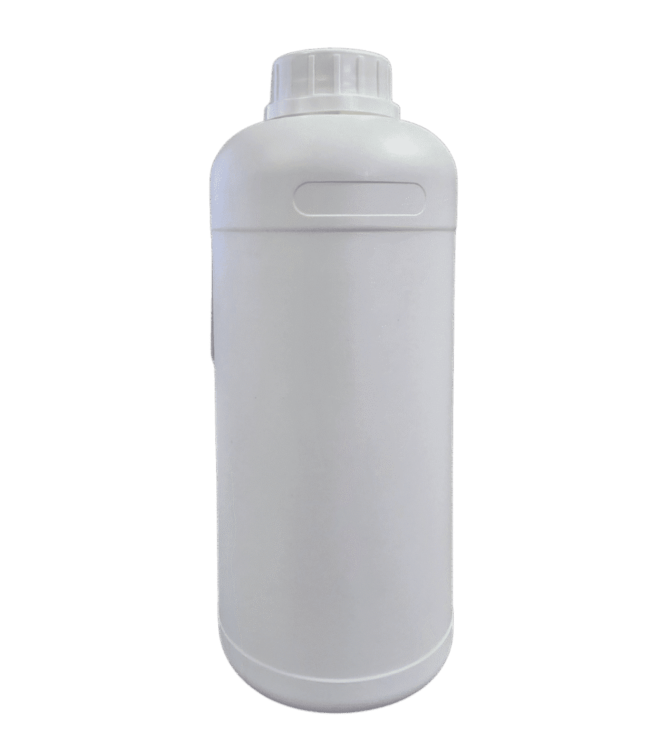 White plastic bottle with screw cap.