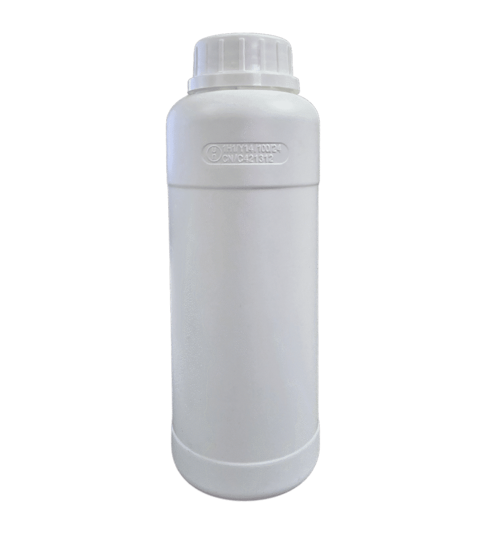 White plastic bottle with screw cap.