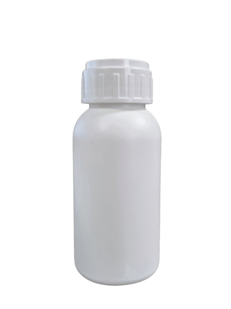 White plastic bottle with screw cap.
