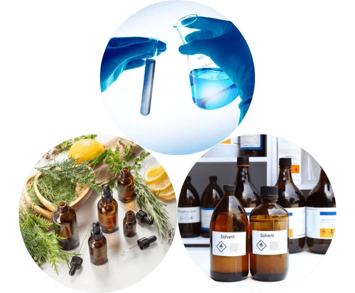 Laboratory equipment and natural extracts in bottles.